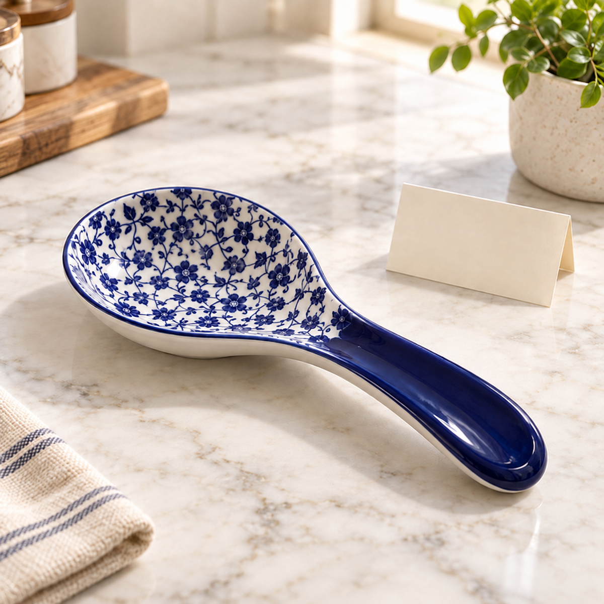 Blue Floral Ceramic Spoon Holder